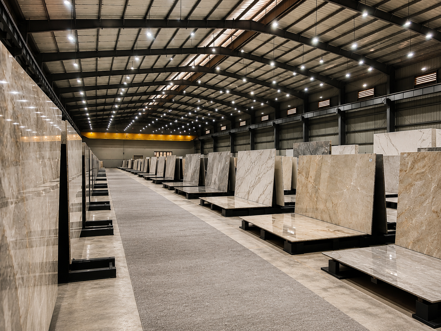 Premium natural marble slabs inside a Kishangarh warehouse